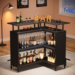 LANTINE L-Shaped Home Bar Unit With Stemware Racks And 2-Tier Shelves, Corner Mini Coffee Liquor Cabinet With Footrest, for Home/ Kitchen/ Pub