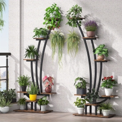 LANTINE 2-Piece Set Of 6-Story Metal Indoor Plant Racks \w Curved Shelves And Hooks, Versatile Bonsai And Flowerpot Racks, Suitable for Storage In