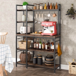 LANTINE 5 Tier Bakers Back for Kitchen, Microwave Oven Stand \w 10 Hooks And Hutch, Kitchen Utility Storage Organization Shelf, Coffee Bar Station