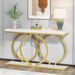 LANTINE Gold Console Table, 55 Inch Faux Marble Entryway Table Narrow Long Sofa Table, Modern Accent Table for Living Room, Entrance Table Geometric