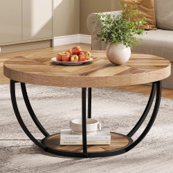 LANTINE Round Coffee Table, 32-Inch Modern Circle Table for Living Room, 2-Tier Wooden Accent Center With Storage Shelves And Wood Grain In Black