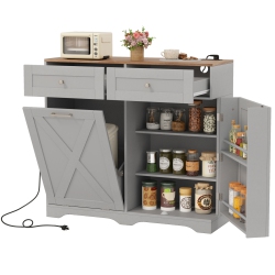 GYMAX Tilt Out Trash Can Cabinet W/ Outlets 2 Drawers Adjustable Shelf Anti-Tipping Kit