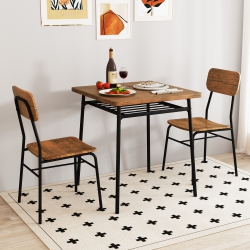 GYMAX 3-Piece Wood Square Kitchen Table & Chair Set W/ Metal Frame Storage Rack