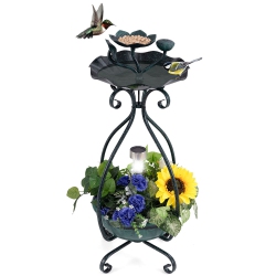GYMAX Solar Outdoor Bird Bath & Feeder Combo W/ Flower Planter Pedestal & Solar Lights