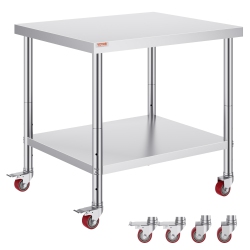 VEVOR 36 X 30 X 34 Inch Stainless Steel Work Table, 700 Lbs Load Capacity \w 4 Wheels, 3 Adjustable Height Levels, Heavy Duty Food Prep Worktable