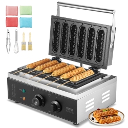 VEVOR 6PCs Commercial Waffle Stick Maker, 1500W Waffle Baker Machine, Non-Stick Stainless Steel Corn Hot Dog Waffle Iron \w Temp And Time Control