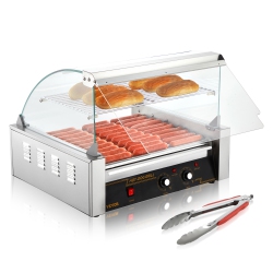 VEVOR 11 Rollers Hot Dog Roller, 30 Hot Dogs Capacity, 1650W Stainless Sausage Grill Cooker Machine \w Dual Temp Control Glass Hood Acrylic Cover