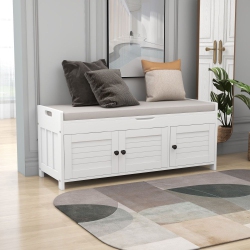 YOULIGHTS Upholstered Storage Bench, Entryway Shoe Bench \w Removable Cushion And Storage, Wooden Ottoman \w 3 Shutter-Shaped Doors for Entryway