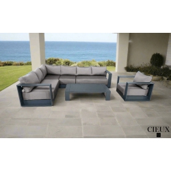CIEUX Lyon 3 Piece Outdoor Patio Aluminum Metal L-Shaped Sectional Sofa, Coffee Table And Club Chair Set In Midnight \w Sunbrella Cushions (Canvas