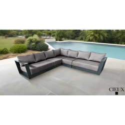 CIEUX Lyon Outdoor Patio Aluminum Metal Large Corner Sectional Sofa In Midnight With Sunbrella Cushions (Canvas Taupe) In Grey