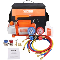 VEVOR 1/5 HP 3.5 Cfm Ac Vacuum Pump And Gauge Set, Single Stage Rotary Vane Hvac Air Vacuum Pump A/c Refrigerant Kit Manifold Gauge Set, \w Carry