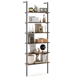 COSTWAY 6-Tier Ladder Shelf 72 Inches Industrial Wall Mounted Bookshelf Brown/oak