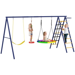 QABA Swing Set for Backyard, 6 In 1 Heavy Duty Large Metal Swing Set \w A-Frame, Belt Swing, Saucer Swing, Disc Rope Swing, Climbing Ladder