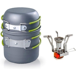 NONE Outdoor Camping Cookware Backpacking Bowl Pot+ Mini Canister 2 Pieces Set Stove Burner Foldable