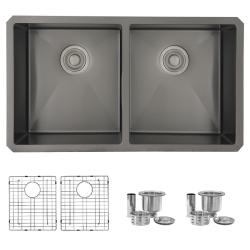 STYLISH 32 Inch Graphite Double Bowl Undermount Stainless Steel Kitchen Sink With Grids And Basket Strainers S-701Xn In Black