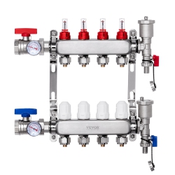 VEVOR 1/2" 4-Branch Radiant Heat Manifold, Pex Tubing Manifold, Stainless Steel Pex Manifold for Hydronic Radiant Floor Heating, Radiant Heat Pex