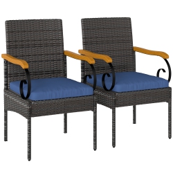 OUTSUNNY Wicker Patio Chairs Set Of 2, Pe Rattan Outdoor Dining Chairs \w Removable Cushion, Acacia Wood Armrests, Steel Frame for Garden Porch