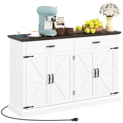 HOMCOM Farmhouse Sideboard Buffet Cabinet \w Charging Station And 1.2" Thick Top, 55" Kitchen Coffee Bar Cabinet \w 4 Barn Doors, 2 Drawers And 2