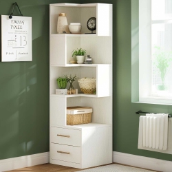 LANTINE 5-Tier 66.9-Inch Tall Corner Bookshelf, Modern Simple Storage Cabinet for Living Room, Home Office In White