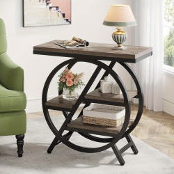 LANTINE End Table for Living Room, 3-Tier Narrow Side Table \w Storage, Wood Sofa Side Table \w Geometric Metal Frame, Industrial Nightstand And