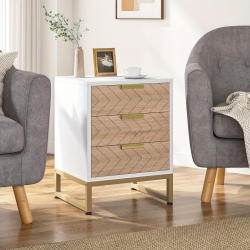 LANTINE 3 Drawers Nightstand Set Of 2, Modern Bedside Table \w Unique Chevron Design End Side Table Night Stands \w Gold Metal Legs for Bedroom ( &