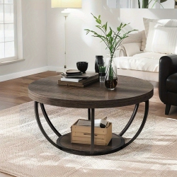 LANTINE Round Coffee Table, 31.7" Wooden 2-Tier Circle Coffee Table With Storage Shelves, Modern Accent Cocktail Table Center Table for Living Room