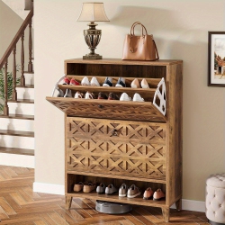 LANTINE 2-Flip Drawer Freestanding Shoe Storage Cabinet, Narrow Entryway Organizer With Adjustable Shelves In Brown