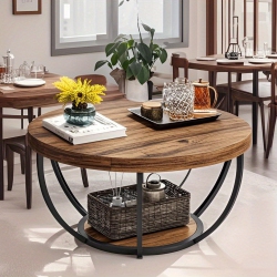 LANTINE Round Coffee Table Stand Wooden Double Deck Coffee Table With Open Storage Space And Metal Legs Suitable for Living Room Bedroom