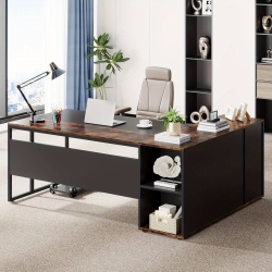 LANTINE Executive Desk, L Shaped Desk \w Cabinet Storage, Executive Office Desk \w Shelves, Business Furniture Desk Workstation for Home Office