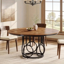 LANTINE Round Dining Table \w Sturdy Metal Base for 4-6 People, Large Circle Table for Dining Room, Reception Room, Canteen, Living Room (Brown &