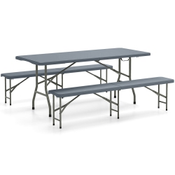 GYMAX 3 PCs Folding Picnic Table Set W/ 6 Ft Table & 2 Benches HDpe Tabletop Bench Top In Gray