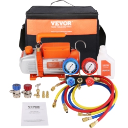 VEVOR 1/4 HP 4 Cfm Ac Vacuum Pump And Gauge Set, Single Stage Rotary Vane Hvac Air Vacuum Pump A/c Refrigerant Kit Manifold Gauge Set, \w Hose Carry