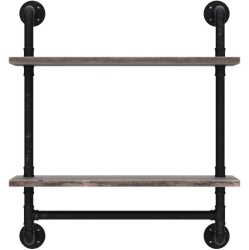 FODUE Industrial Pipe Shelf, Rustic Wall Shelf With Towel Bar, 24" Towel Racks for Bathroom, 2-Layer Pipe Shelves Wood Shelf Shelving (2-Layer) Rustic