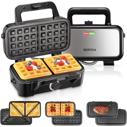 FOHERE 3-In-1 Waffle Maker, Sandwich Maker - In Black