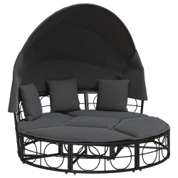 VIDAXL Outdoor Lounge Bed With Canopy And Cushions Poly Rattan In Black