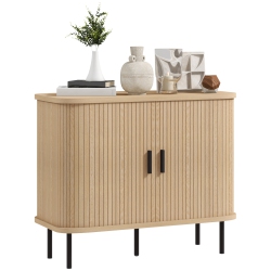 HOMCOM 35.4" Sideboard Buffet Cabinet With Storage, Nordic Coffee Bar Cabinet With Slatted Tambour Doors And Metal Legs, Kitchen Credenza, Oak