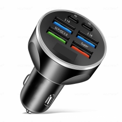 GREEN SCENIC 6-Port Car Charger \w Led Display - 4 USB Ports + 2 Pd Fast Charging Ports, Snap-On Design, 12V-24V Universal Voltage, Suitable For