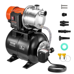 VEVOR 1 HP Shallow Well Pump \w Pressure Tank, 1000 Gph, Automatic Irrigation Water Booster Pump \w 130 Ft Head Lift 20/40 Psi Pressure Switch, 304