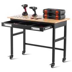 VEVOR 48" Workbench, 1500 Lbs Load Capacity, Work Bench \w Sliding Drawer And Wheels, Rolling Workbench On Wheels, Oak Wood Top Work Table For