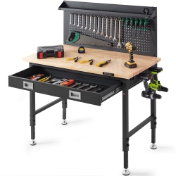 VEVOR 28-39.5" Workbench Adjustable Height Work Bench for Garage Oak Plank & Carbon Steel Workbench 2000Lbs Weight Capacity Bench Top 48X24