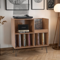 CORLIVING Vintora Large Engineered Wood Record Player Turntable Media Stand With Open Shelves