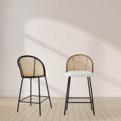 KOSSMAI Set Of 2 Armless Counter Bar Stool Chair With Fabric Seat And Rattan Curved Back, Metal Legs And Adjustable Feet for Kitchen, Dining Room