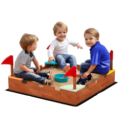 QABA Kids Wooden Sandbox, Castle-Themed Outdoor Sand Pit \w Flags, 4 Colorful Built-In Corner Seating, Ground Liner, Gift for Ages 3-7, Backyard