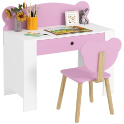 QABA Kids Desk And Chair Set, Study Table And Chair \w Storage Drawer for Drawing, Reading, Writing, Bear Theme Children Activity Table Set For