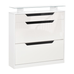 HOMCOM Shoe Cabinet \w 2 Flip Drawers, Narrow Shoe Storage Cabinet \w Glass Top And Adjustable Shelves, Small Drawer Holds Up to 16 Pairs, Entryway