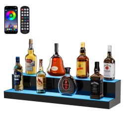 VEVOR 2 Tiers Led Lighted Liquor Bottle Display, 30 Inch Commercial Illuminated Home Bar Shelf, 2 Steps Whiskey Rack Stand, Acrylic Drink Shelves \w