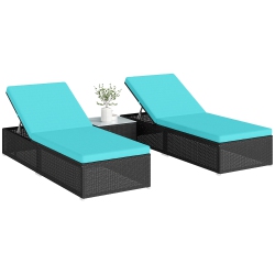 OUTSUNNY 3PC Chaise Lounge Chair Set W/ Side Table, Outdoor Patio Synthetic Rattan Wicker Sun Bed Set With Cushion All Weather, Light In Turquoise