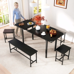 HOMCOM 5-Piece Dining Table Set for 4 - 6, 63" Extendable Kitchen Table Set \w 2 Benches And 2 Stools for Small Spaces, Dining Room, Space-Saving