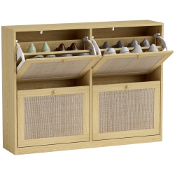 HOMCOM Boho Rattan Shoe Cabinet With 4 Flip Drawers And Adjustable Shelves, Narrow Shoe Storage Cabinet, Holds 20 Pairs for Entryway, Hallway, Oak