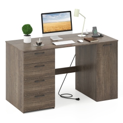 COSTWAY 53" Computer Desk With Power Outlets Large Executive Desk With 4 Storage Drawers Gray/white